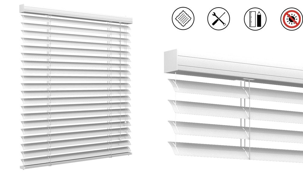 Vit aluminiumpersienn i helhetsvy och närbild av vit persienns kassett/överskena