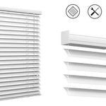 Vit aluminiumpersienn i helhetsvy och närbild av vit persienns kassett/överskena